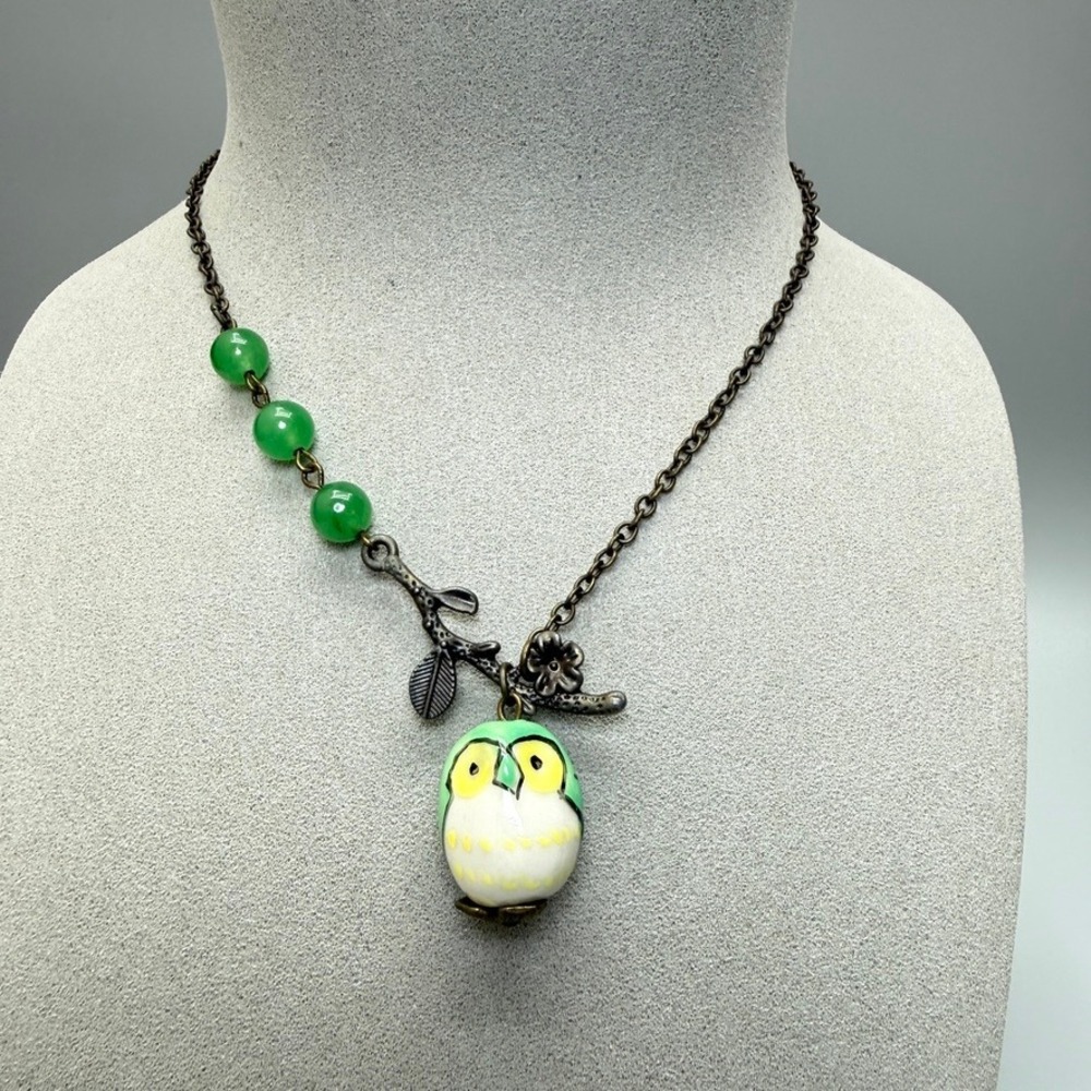 Green Ceramic Owl Pendant Necklace with Green Beads 20" Whimsical Cute Casual